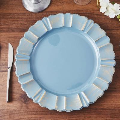 China Sustainable Modern Round Dusty Blue Acrylic Plastic Charger Plates with Gold Brushed Wavy Scalloped for sale