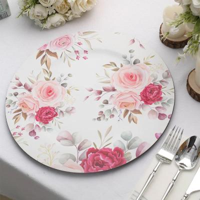 China Table Viable Home Decorations Party Rose Flower Design Plastic Charger Plates Disposable Spring Floral Printing Serving Trays for sale