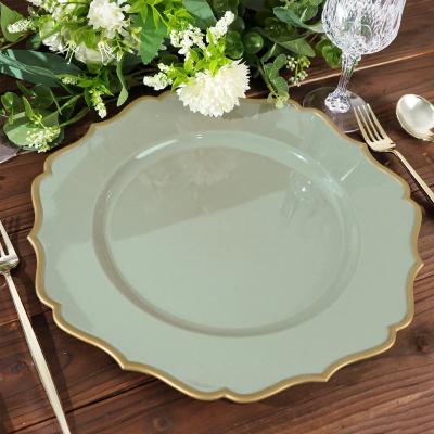 China Viable Dusty Sage Gold Scalloped Rim Acrylic Charger Plates Around Plastic Charger Plates for sale