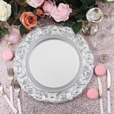 China Factory Price Viable Metallic Silver Vintage Plastic Charger Dishes With Rim Round Serving Trays Baroque Engraved for sale