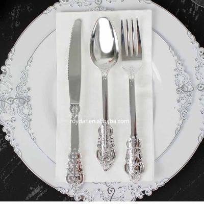 China Stocked Silver Metallic Mirror Restaurant Flatware Set Baroque Style Stainless Steel Vintage Cutlery Luxury Silverware for sale