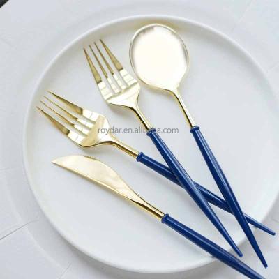 China Royal Modern Wedding Event Gold Silverware Stocked Rental Cutlery Set Set with Elegant Blue Handle Forks and Knives for sale