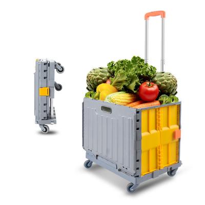 China Hand Pull Push Tool Supermarket Collapsible Box Trolley Folding Plastic Rolling Service Trolley Trolleys for sale