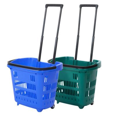 China Outdoor Plastic Rolling Cart / Supermarket Shopping Supermarket With 2 Wheels Handle Telescopic Shopping Basket for sale