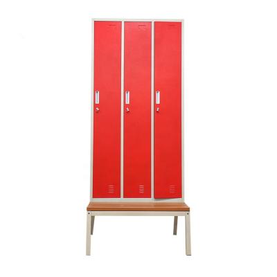 China Foldable Portable Metal 3door Tall Safe Individual Wardrobe Organizer Red With Bench For Clothes for sale