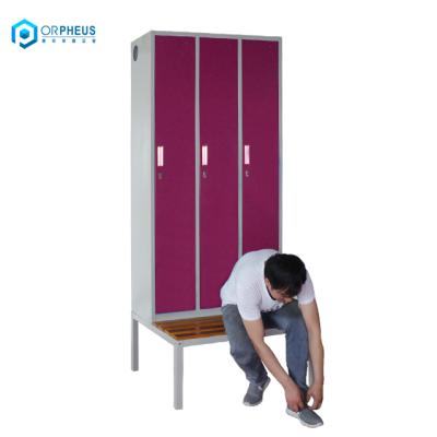 China Full Horizontal Nest 3 Locker Metal Wine Red Gym Change Room Cabinet Three Steel Locker Full Height Cabinet 3 Door Steel Nest On Bench for sale