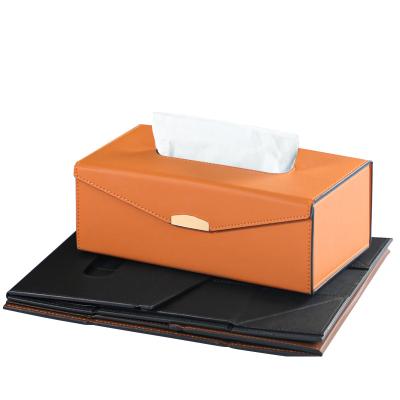 China Lightweight Luxury Orange PU Leather Foldable Napkin Dispenser For Restaurant Rectangular Rack Tissue Box Home Foldable Pumping Paper Holder for sale