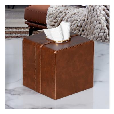 China MAVOBO Light Luxury Retro Style Decor Tissue Table Box with Brass Buckle Paper Tissue Box Storage Organizer Leather Square Tissue Box for sale