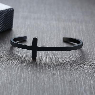 China Vintage Style Stainless Steel Bangle Men's And Women's Couples High Quality Single Cross Open Bracelet Engraved for sale