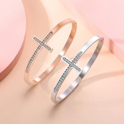 China Other INS Stainless Steel Bangle 18k Gold Hot Selling Bracelet With Diamond Cross Bracelet Can Be Engraved Women's Gift Jewelry for sale