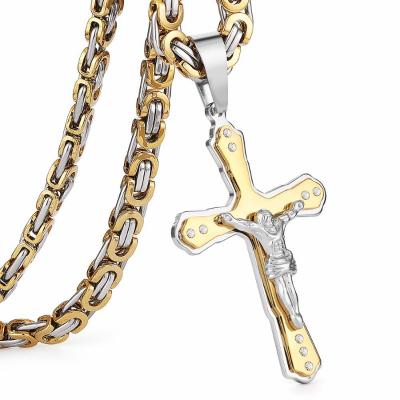 China Other Byzantine Christian Jesus Crucifix Cross Crystal Pendant Necklace 316L Stainless Steel Link Chain Necklace For Men Jewelry Gift for sale