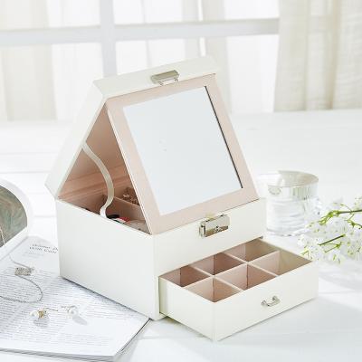 China Fashionable Portable Jewelry Organizer 2 Layer Travel Leather Ring Bracelet Earrings Necklace Display Storage Box Case With Makeup Mirror for sale