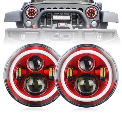 China Red Round LED Aluminum Headlight DRL Hi/Lo WUKMA 7inch Beam Kits For Motorcycle Jeep Wrangler JK for sale