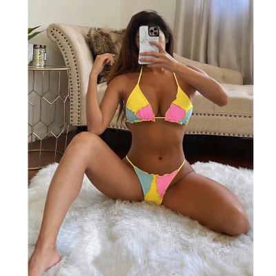 China Amazon 2021 Breathable Custom Logo Label Color Block Bikini Ruffle Swimwear Halter Swimsuit Bra Support OEM for sale