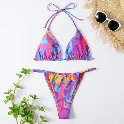 China 2021 Hot Breathable In Amazon Low MOQ Fast Delivery Colorful Tie Dye Brazilian Drawstring Bikini Set Bikini for sale