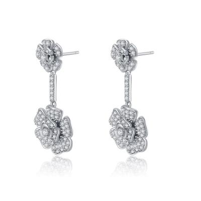 China 2022 New 18k White Gold Lead Free Nickel Free Trendy Big Flower Pave Luxury CZ Earrings Shape Silver Dangle Earrings for sale