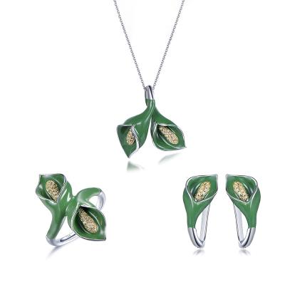 China Unique Design Lead Free Nickel Free Bamboo Leaf Plant Form Enamel 925 Sterling Silver Elegant Earrings Rings Necklace Set for sale