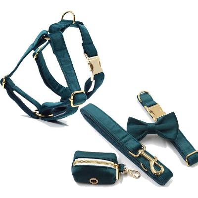 China Soft Stocked Durable Adjustable Velvet Dog Harness Set Green Blue Velvet Dog Harness And Lead Set With Poop for sale