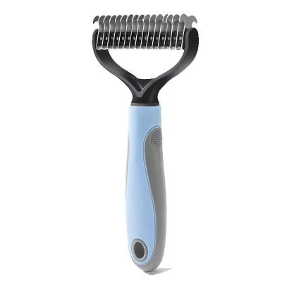 China Viable 2 Sided Undercoat Rake For Cats Dogs Safe Dematting Comb For Easy Mats Tangles Removing Shedding And Flying Hair Pet Brush for sale