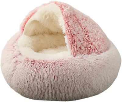 China Travel Faux Fur Cuddler Around Cat Bed Donut Comfy For Dogs Around Soft Plush Digging Hooded Cave Pet Bed for sale