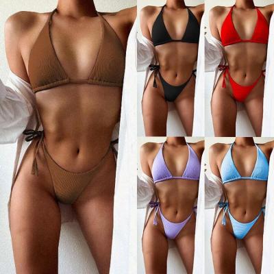 China Antibacterial Women Sexy Brazilian String Tied Micro Bikini Triangle Tiered Strappy 2 Piece Thong Bikini Set for sale