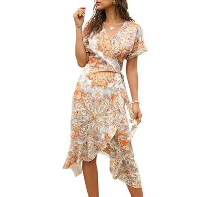 China New Arrival Anti-Static V-Neckline Printed Bohemian Short Sleeve Ruffles Tied Waist Wrap Holiday Women Dress for sale