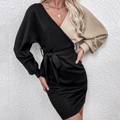 China Lady Anti-Static Office Style Dress Contrast Color Slim Sexy Deep V-Neck Know Bow Women Club Dress for sale