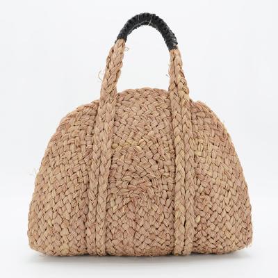 China Fashion Handmade Crocheted Rough Braid Braid Straw Round Raffia Tote Bag With Raffia Straps With Cotton Lining Straw Bag for sale