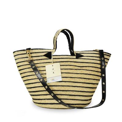 China 2020 fashion fashion striped raffia straw beach bag made from natural raffia cowhide leather strap for shoulder for sale