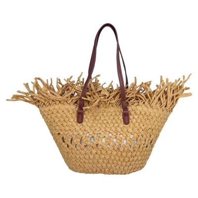 China Shoulder Bag Fashion Straw Beach Bag , Cheap Straw Handbag With PU Handles for sale