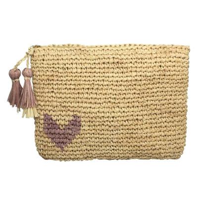 China High quality small heart embroidery crocheted raffia clutch made with natural raffia straw tassles trimming for sale