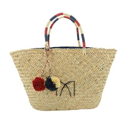 China Fashion Wholesale Paper Straw Handles Natural Straw Sea Grass Tote Bag With Embroidery Summer Beach Handbag for sale