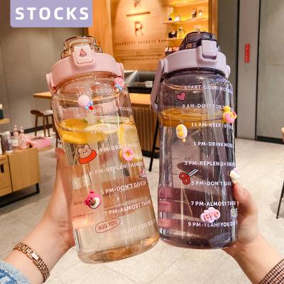 China Wholesale BPA Free Viable Plastic Bottle 2L Sports Gallon Drinking Water Bottles With Time Marker Straw Motivational ACTIONS for sale