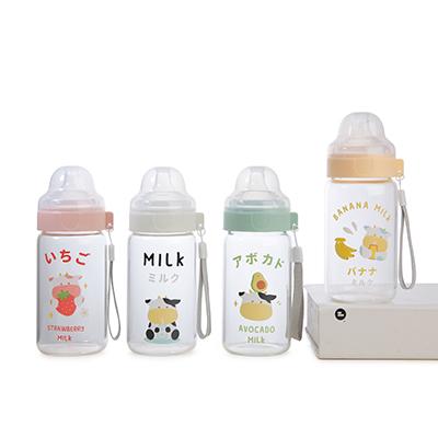 China Food Grade Free Viable Glass Small Capacity Cartoon BPA Tumber High Borosilicate Glass Water Bottle With Custom Nipple Logo for sale