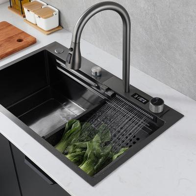 China Metered Faucets Stainless Steel Pull Out Waterfall Faucet Black Multifunction Nano Kitchen Sink With Digital Display Kitchen Faucet Black for sale