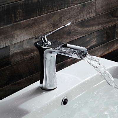 China Metered Faucets Waterfall Bathroom Sink Faucet Single Handle Deck Mounted Lavatory Faucet for sale