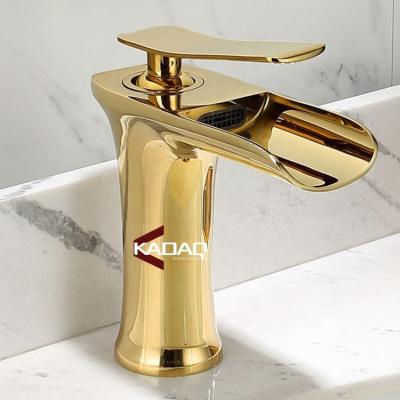 China Copper Wide Single Handle Faucets Innovation Gold Bathroom Basin Faucet Metered Cold-Hot Water Mixer Tap for sale