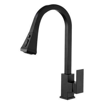 China Hot Selling Blackened Model Matte Black Mixer Brass Spray Monkey Double Lever Deck Mounted Pull Down Square Kitchen Sink Faucet for sale