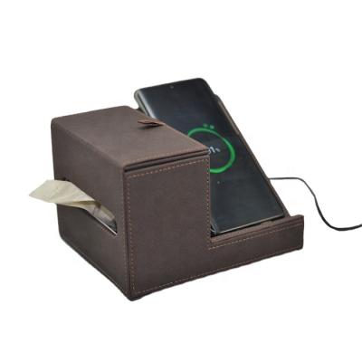 China PU leather & Velvet Desk Rack PU Leather Desk Organizer with Wireless Charger 10W Cloth Box for Cafe BAR for sale