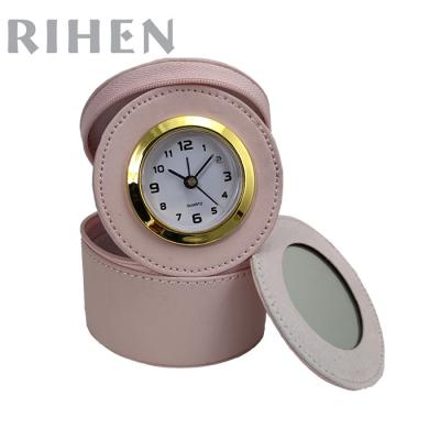 China PU Leather Pink Color PU Leather Folding Jewelry Box With Alarm Clock For Travel for sale