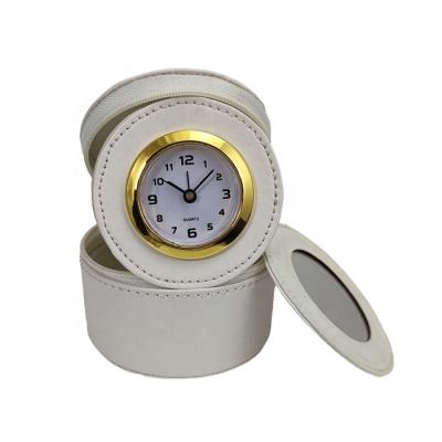 China Antique Style Travel Clock With Mirror High Quality PU Leather Folding Jewelry Box With Alarm Clock for sale