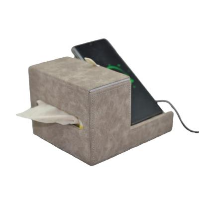 China Morden Luxury Napkin Case PU Morden Tissue Leather Box with 10W Wireless Charging Station for Restaurant for sale