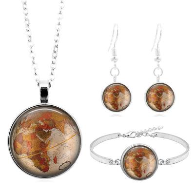 China Financial Institutions Vintage Earth Pattern Time Gemstone Necklace Set Silver Bracelet Earrings Jewelry Set for sale