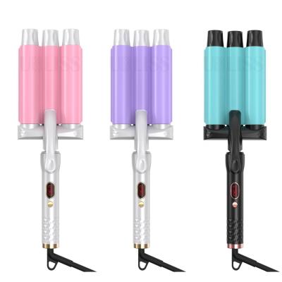 China New Three Barrel Big Wave Ceramic Home Use Ionic Hair Curler LCD Automatic Curling Iron With Triple Barrel Hair Diffuse Hair Curler for sale