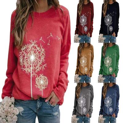 China 2021 Anti-wrinkle Fleece Loose Women's Dandelion Print Pattern With Round Neck And Long Sleeves Loose Fleece for sale