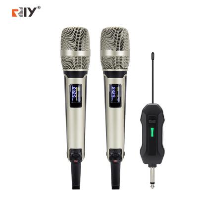 China Karaoke microphone RIY new design skm9000 dual channel wireless microphone built-in lithium battery rechargeable receiver for sale