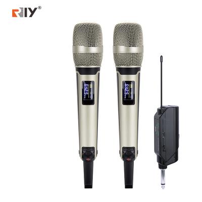 China Universal Karaoke Microphone RIY skm9000 18650 Lithium Batter Recharge Receiver Dual Channel Wireless Microphone for sale