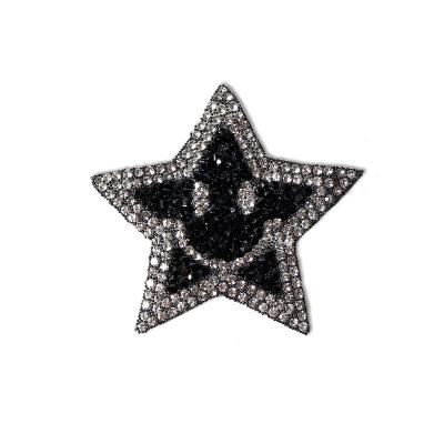 China No minimum stock viable shiny iron on black rhinestone simle face star patch applique for decoration for sale