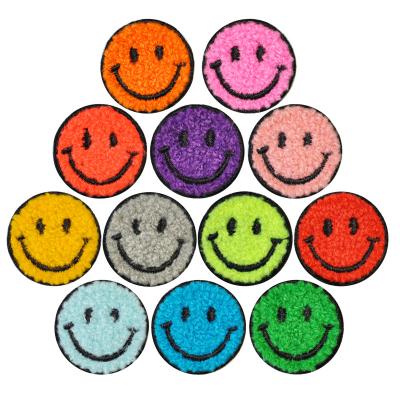 China Viable NEWCOMER Custom Embroidered Iron On Smile Face Chenille Patches For Jacket for sale