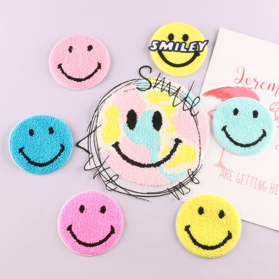 China Viable Custom Towel Embroidered Light Color Large Smile Face Chenille Patches Applique for sale